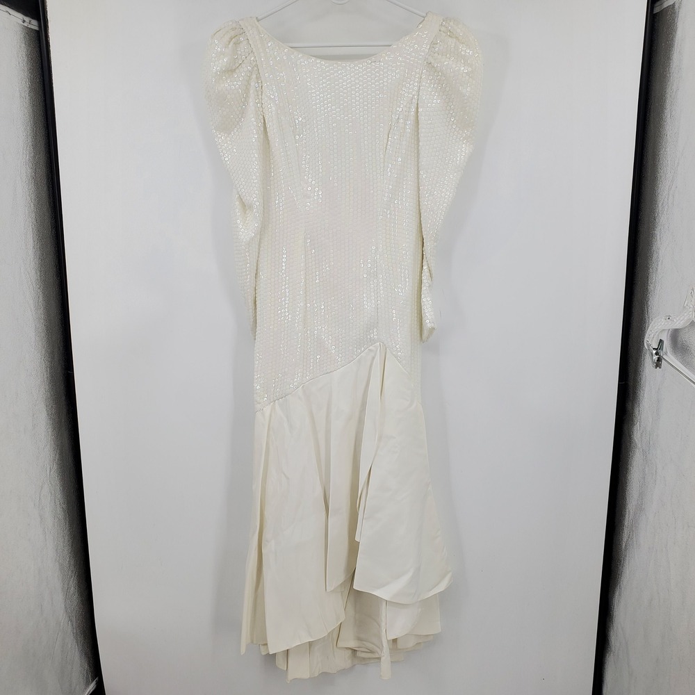 Vintage Nadine 80s Sequin Wedding Bridal Prom Dress White Puffed Sleeve 9 Glam‎